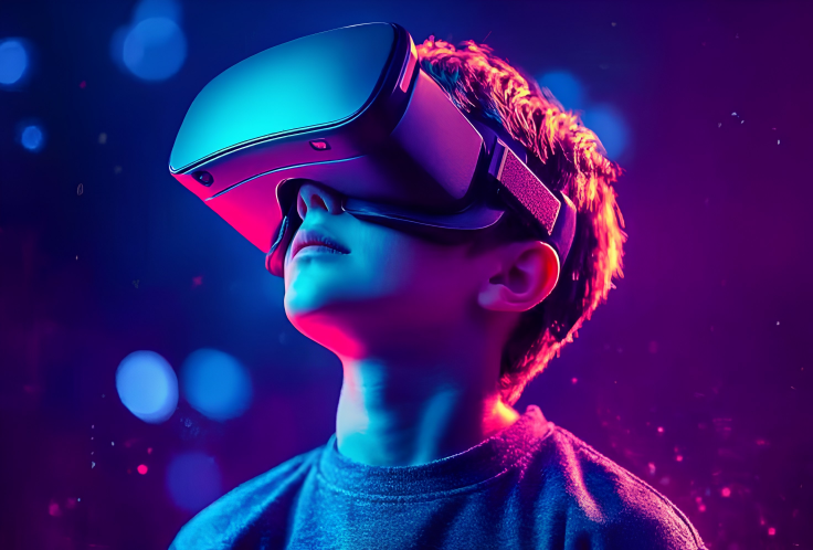 Person wearing a VR headset in a dark room with blue and purple lighting